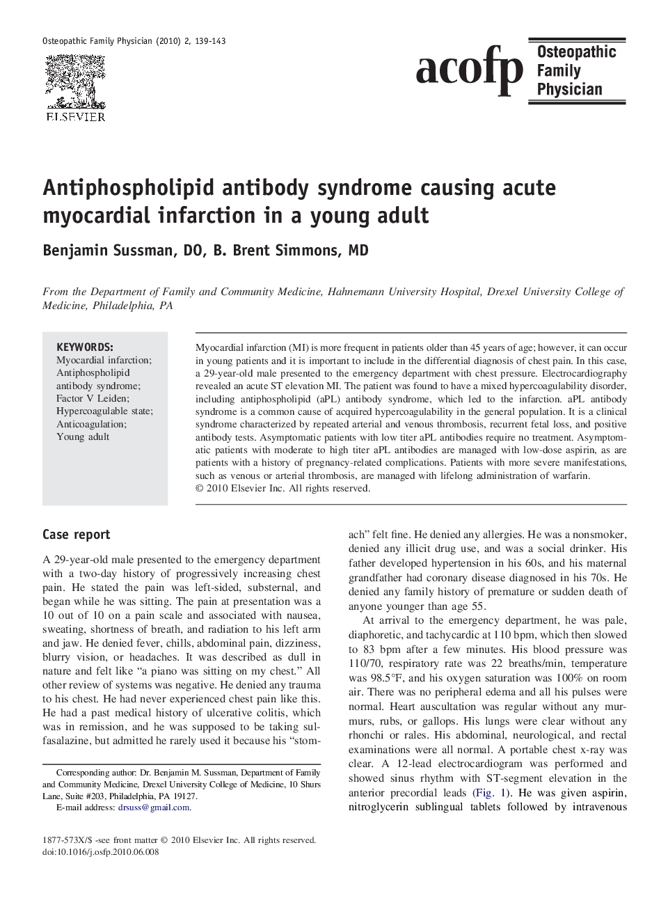 Antiphospholipid antibody syndrome causing acute myocardial infarction in a young adult