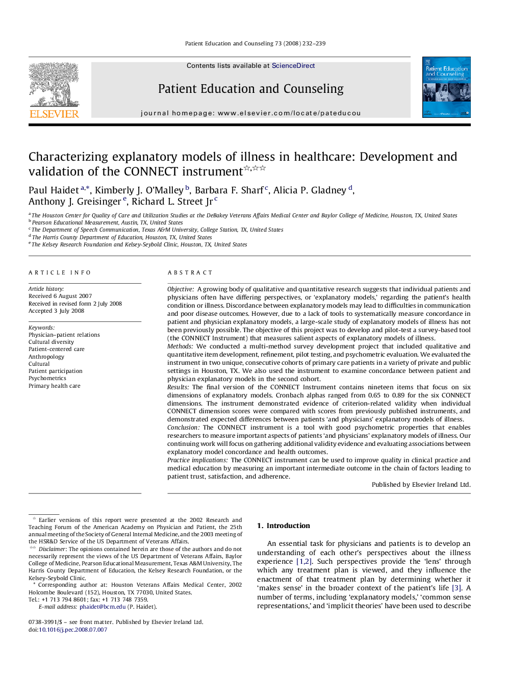 Characterizing explanatory models of illness in healthcare: Development and validation of the CONNECT instrument 