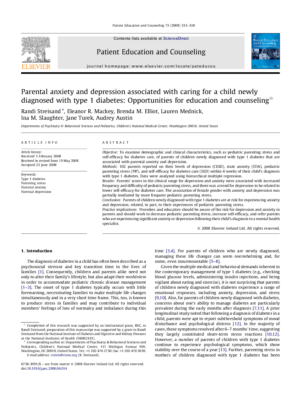 Parental anxiety and depression associated with caring for a child newly diagnosed with type 1 diabetes: Opportunities for education and counseling 