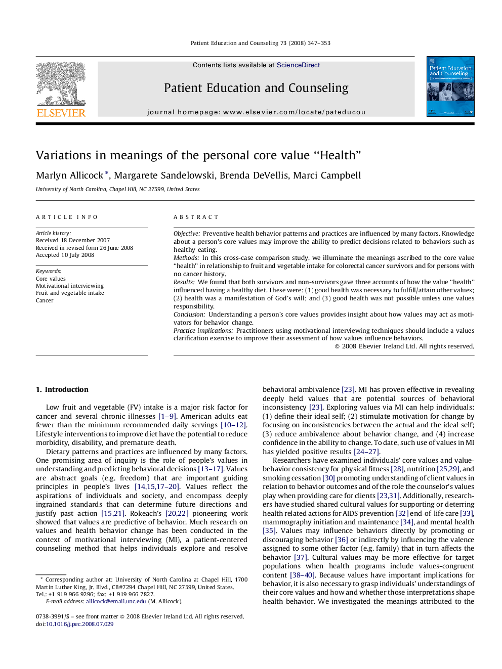 Variations in meanings of the personal core value “Health”