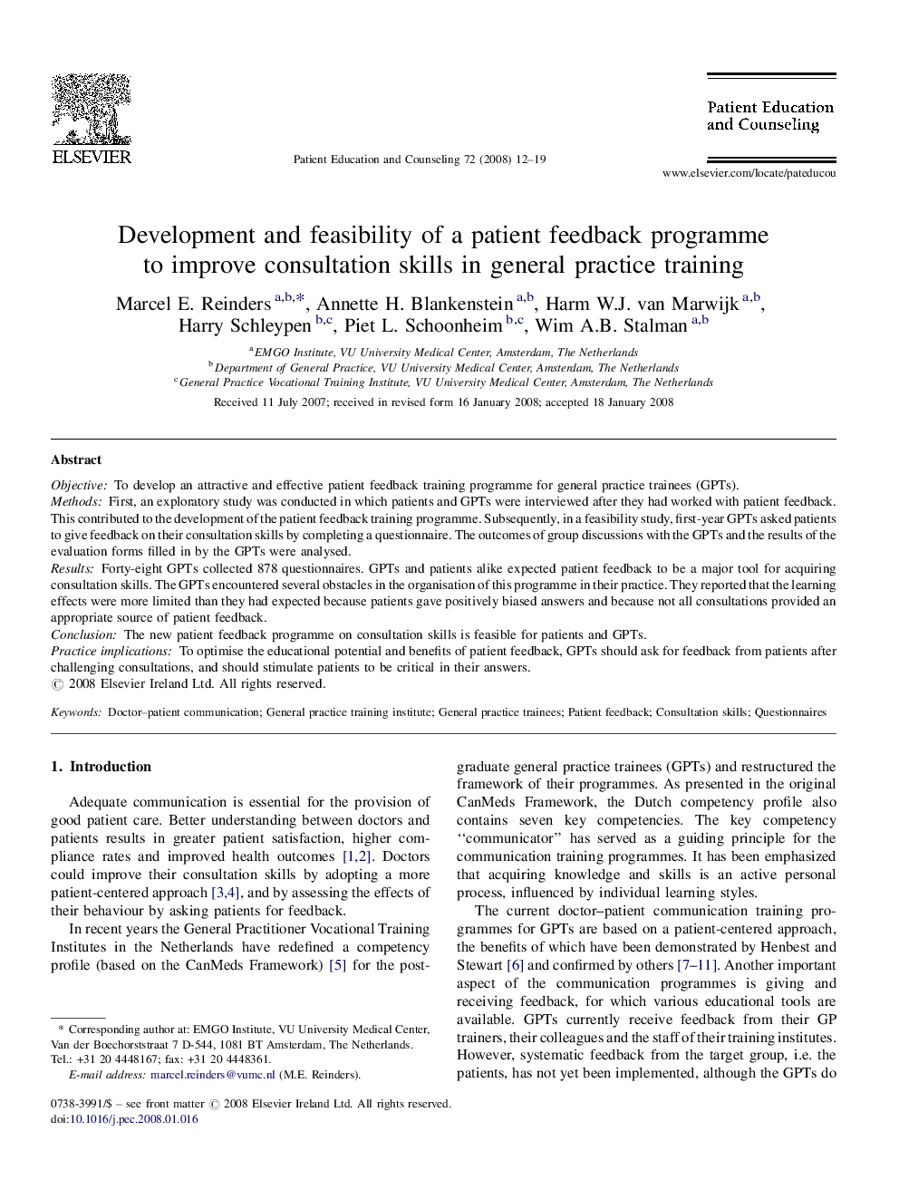 Development and feasibility of a patient feedback programme to improve consultation skills in general practice training