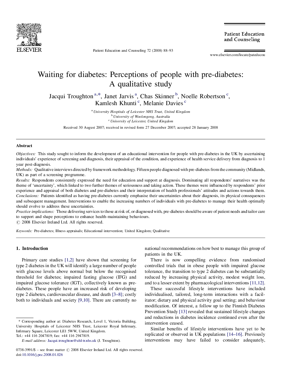 Waiting for diabetes: Perceptions of people with pre-diabetes: A qualitative study