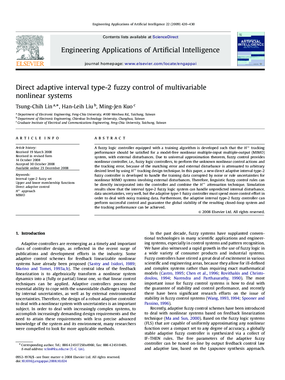 Direct adaptive interval type-2 fuzzy control of multivariable nonlinear systems