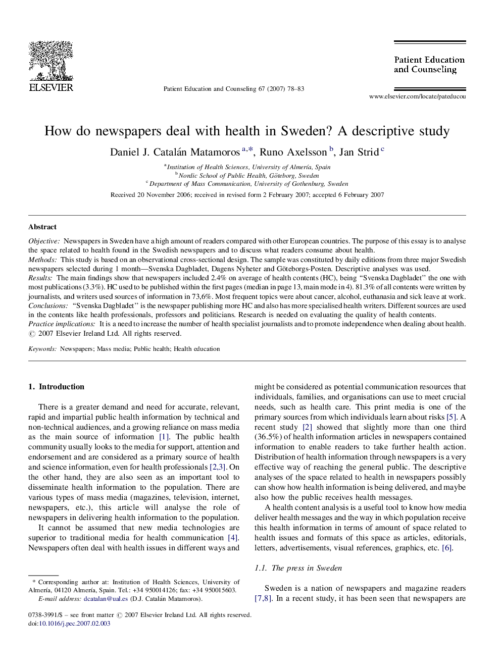 How do newspapers deal with health in Sweden? A descriptive study