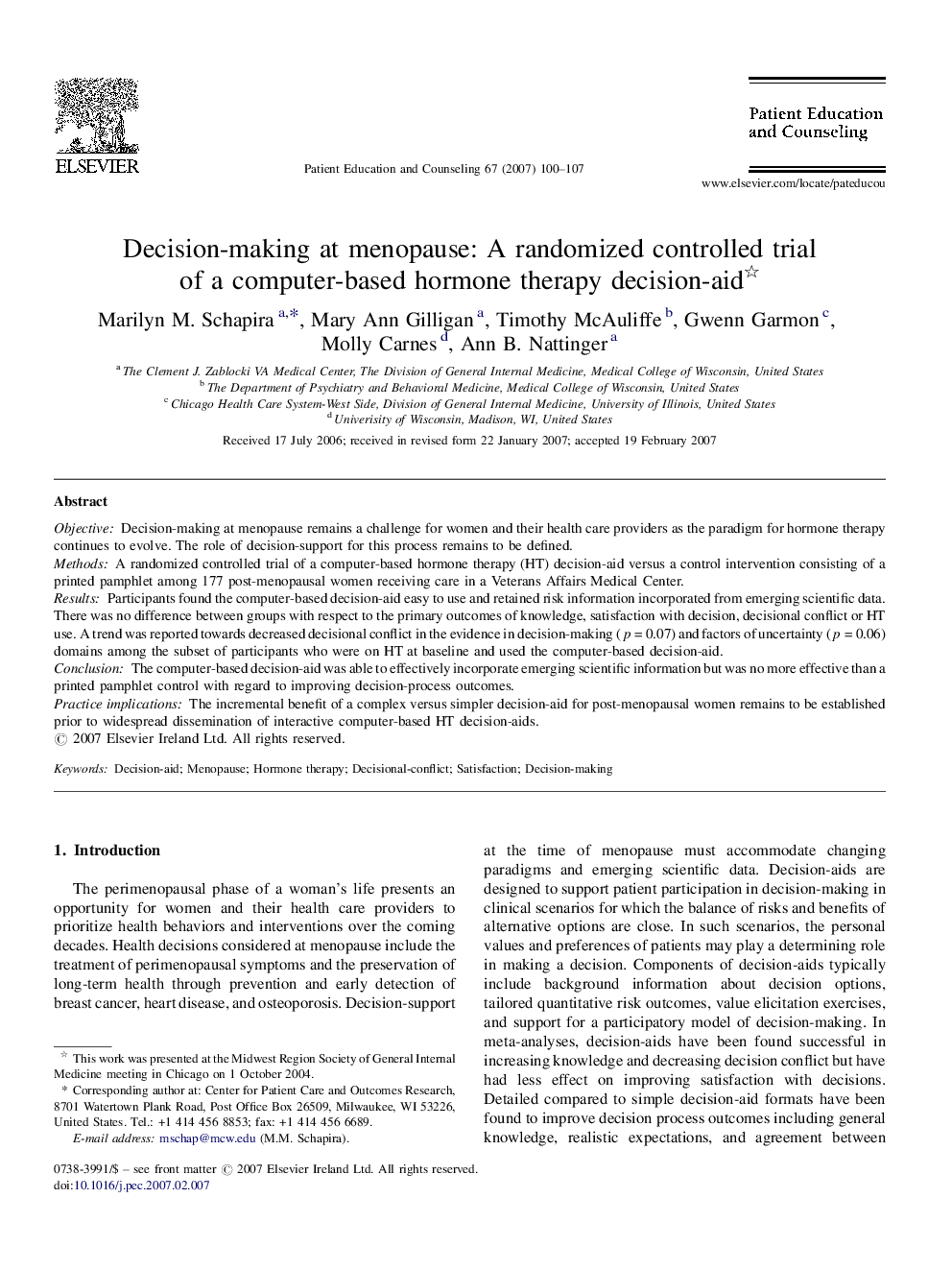 Decision-making at menopause: A randomized controlled trial of a computer-based hormone therapy decision-aid 