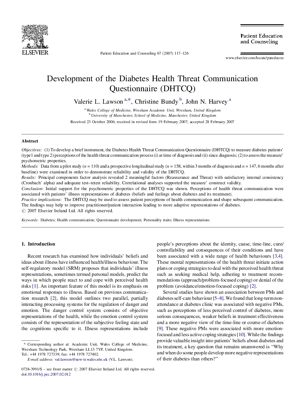 Development of the Diabetes Health Threat Communication Questionnaire (DHTCQ)