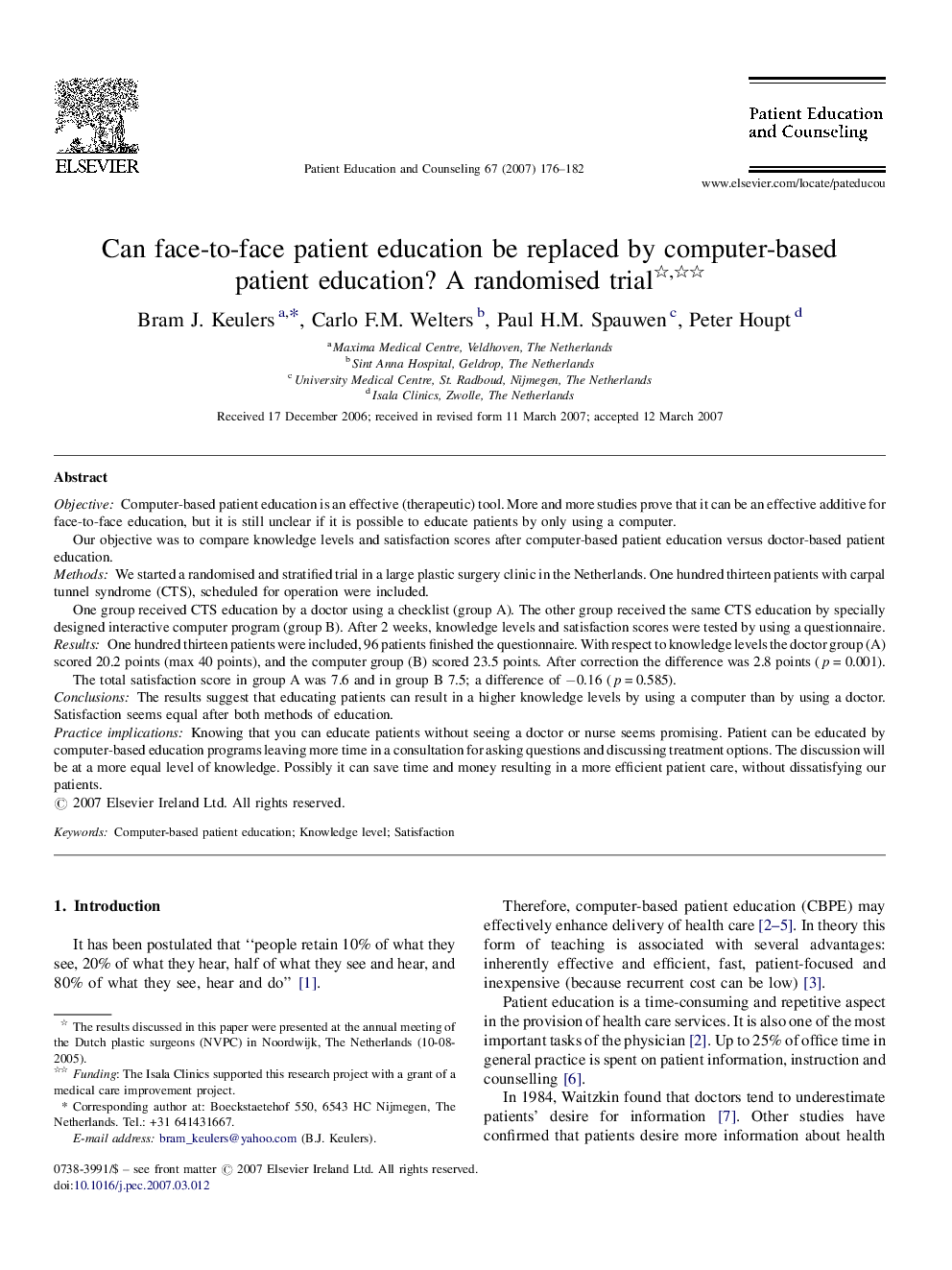 Can face-to-face patient education be replaced by computer-based patient education? A randomised trial 