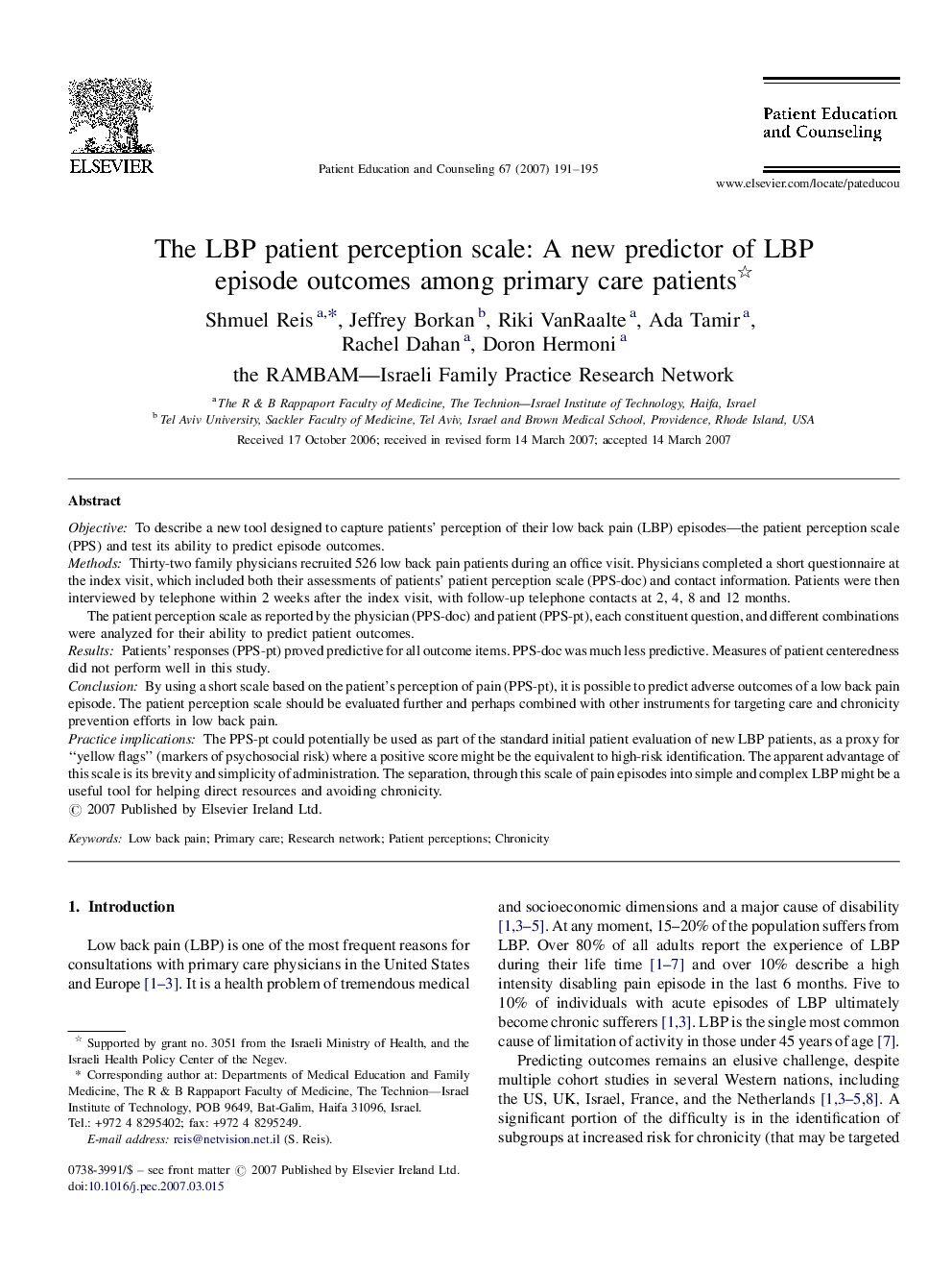 The LBP patient perception scale: A new predictor of LBP episode outcomes among primary care patients 