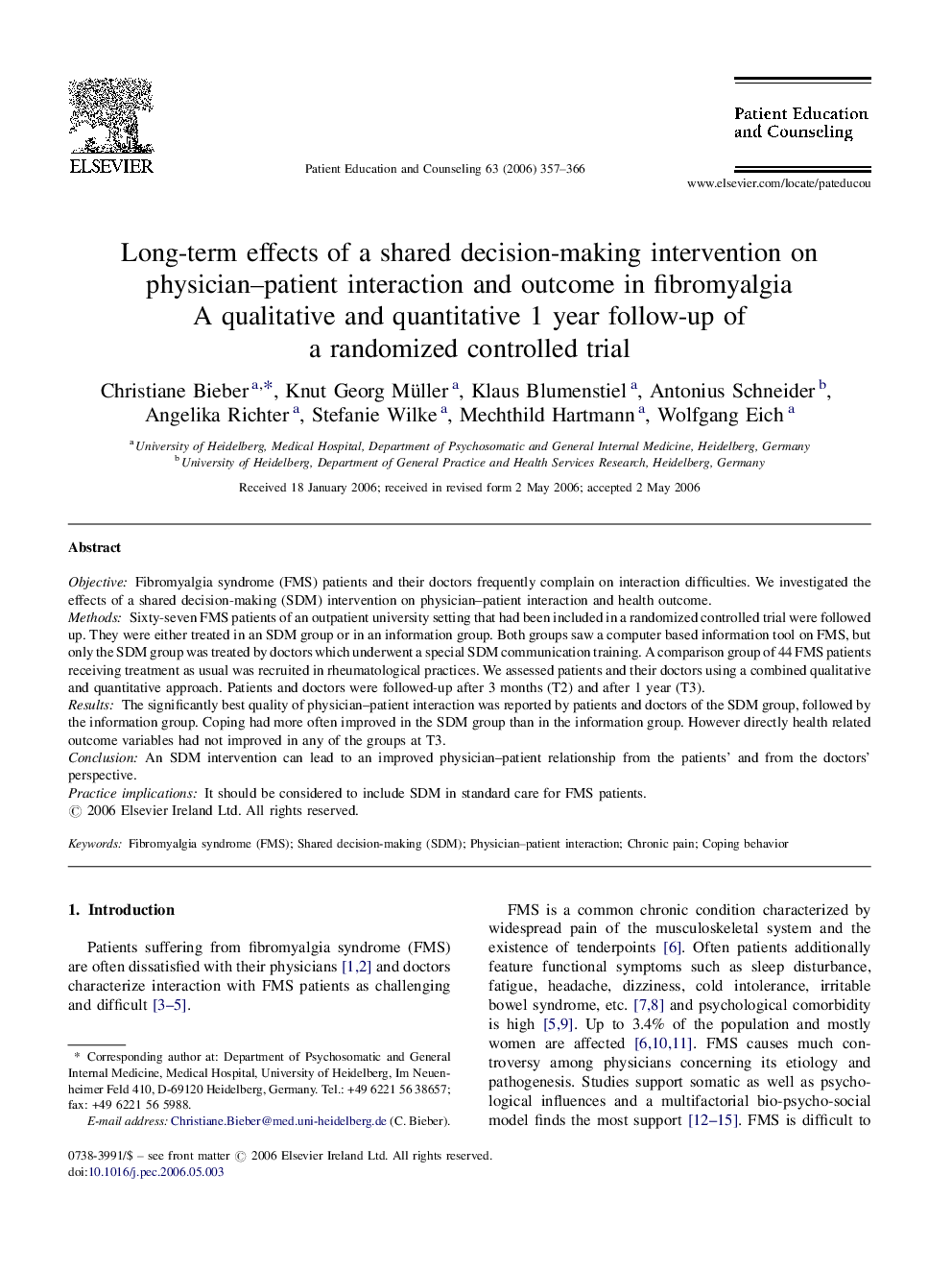 Long-term effects of a shared decision-making intervention on physician–patient interaction and outcome in fibromyalgia: A qualitative and quantitative 1 year follow-up of a randomized controlled trial