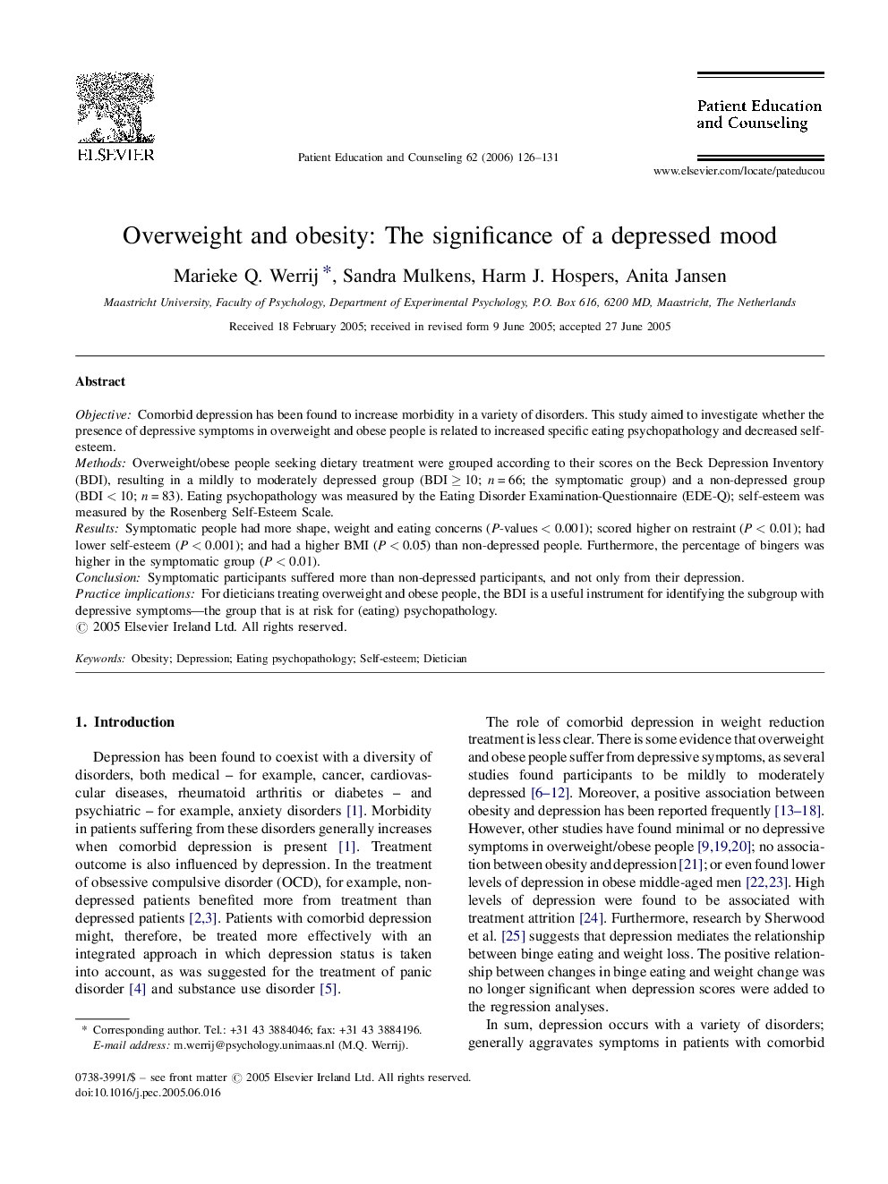 Overweight and obesity: The significance of a depressed mood