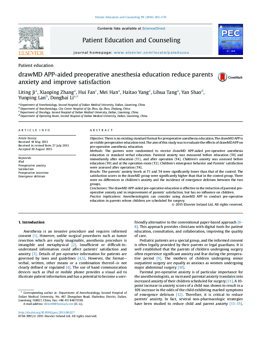 drawMD APP-aided preoperative anesthesia education reduce parents anxiety and improve satisfaction