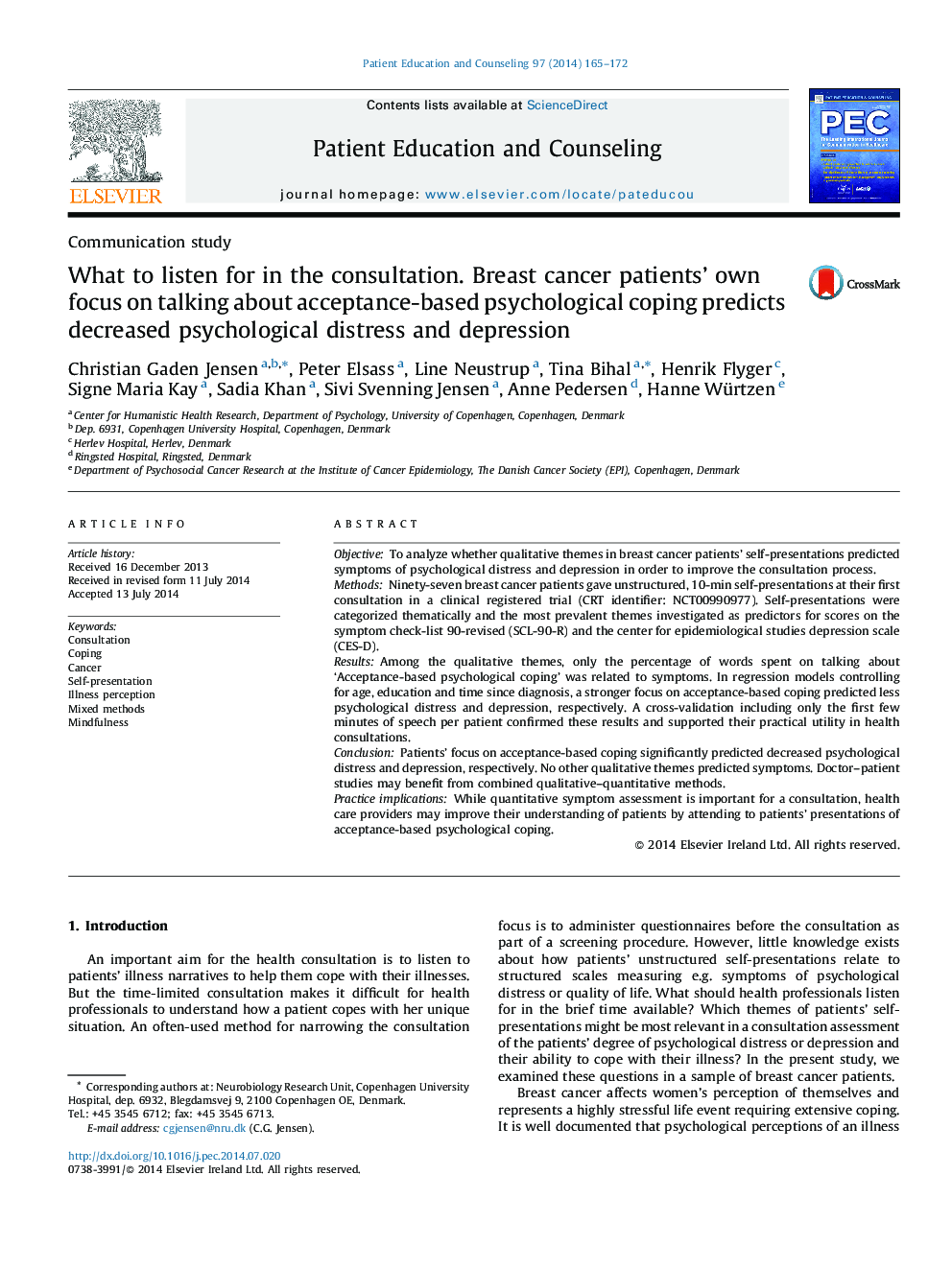 What to listen for in the consultation. Breast cancer patients’ own focus on talking about acceptance-based psychological coping predicts decreased psychological distress and depression