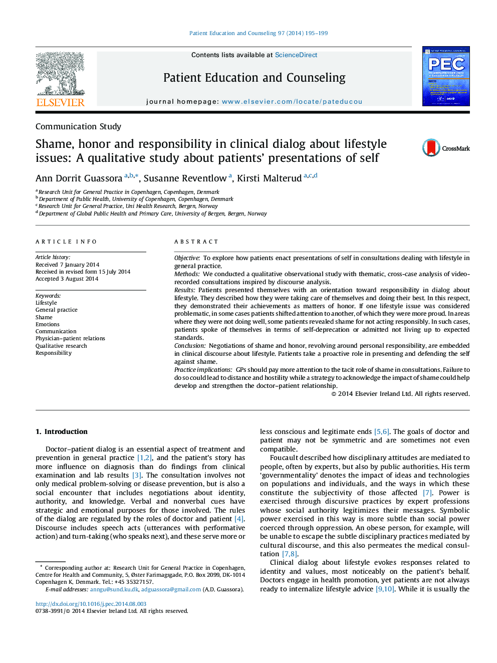 Shame, honor and responsibility in clinical dialog about lifestyle issues: A qualitative study about patients’ presentations of self