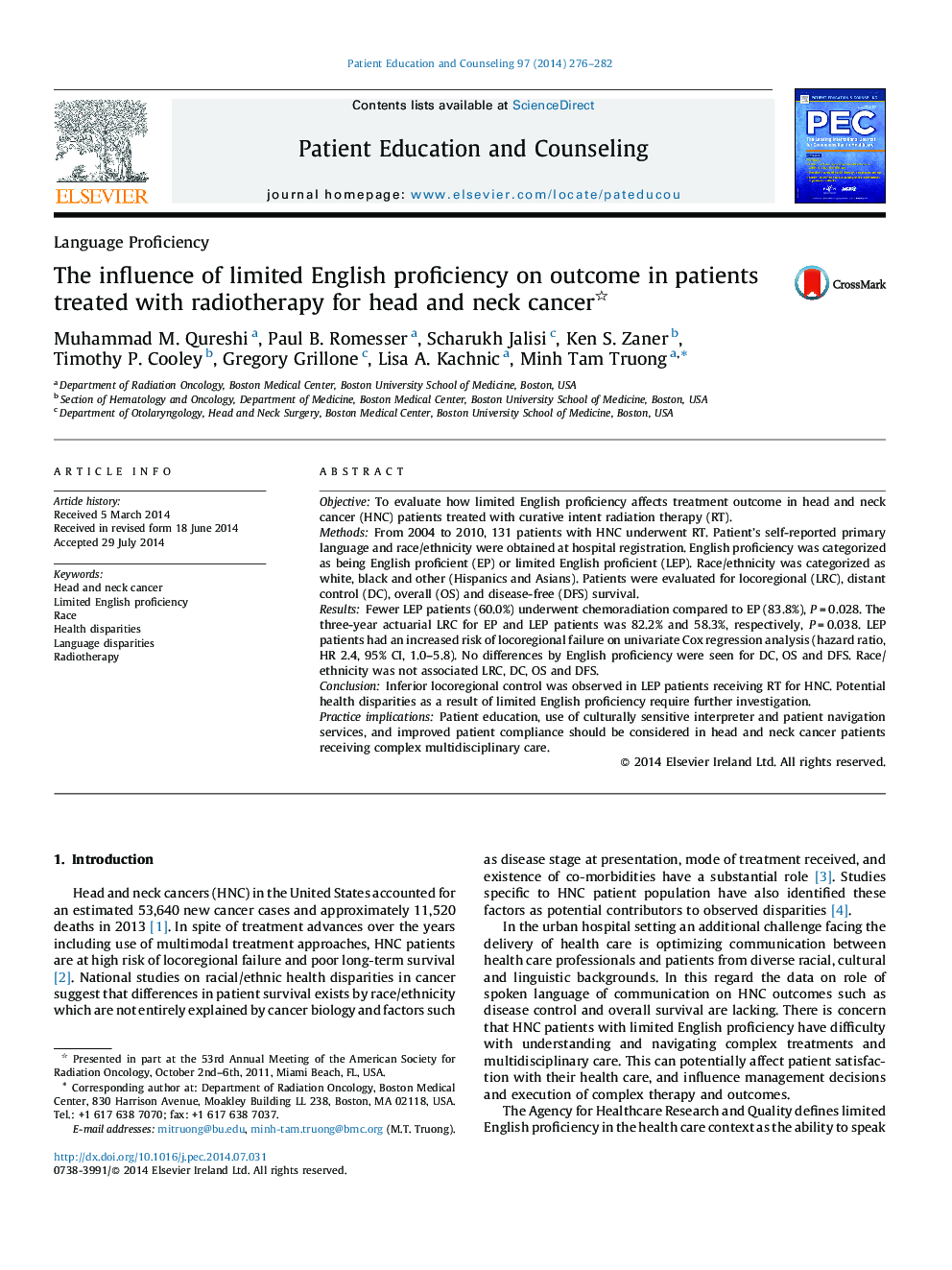 The influence of limited English proficiency on outcome in patients treated with radiotherapy for head and neck cancer 