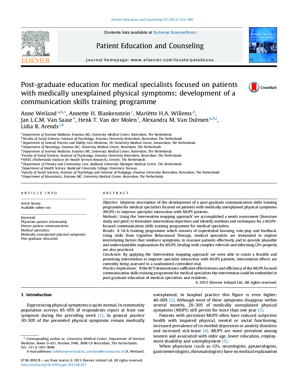 Post-graduate education for medical specialists focused on patients with medically unexplained physical symptoms; development of a communication skills training programme