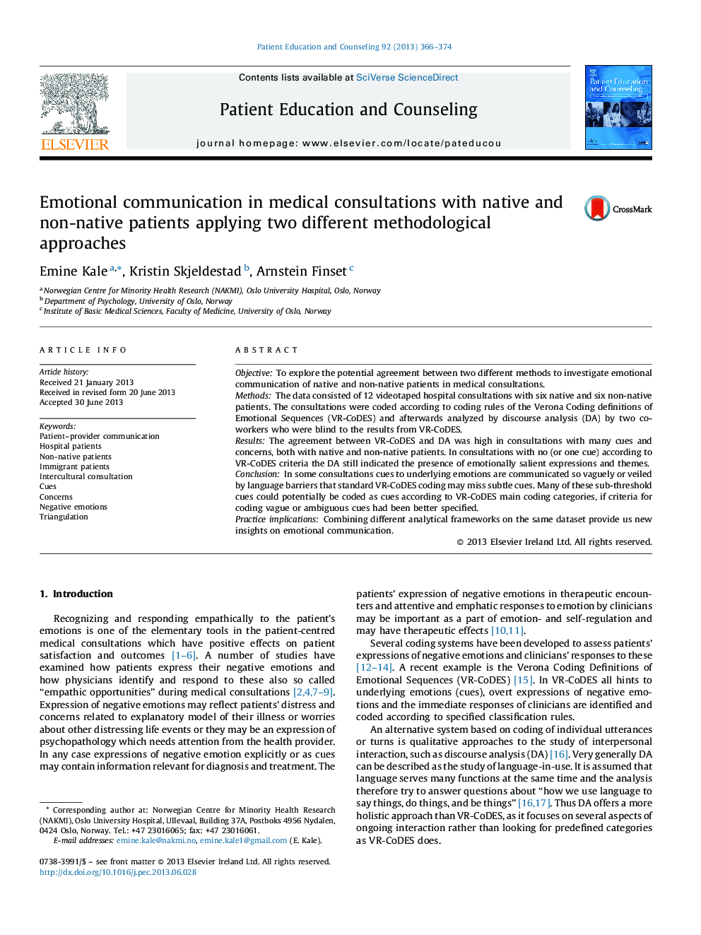 Emotional communication in medical consultations with native and non-native patients applying two different methodological approaches