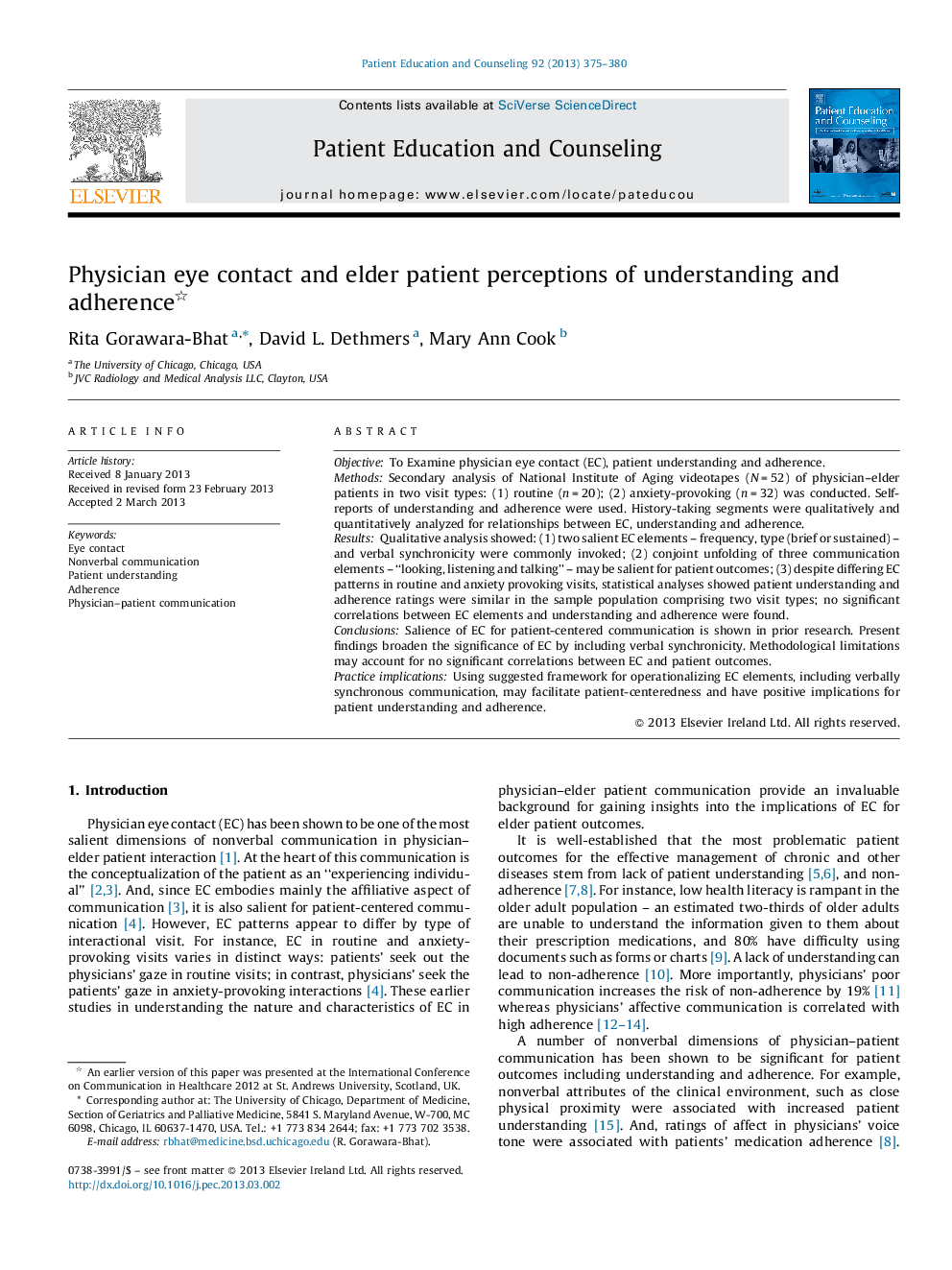 Physician eye contact and elder patient perceptions of understanding and adherence 