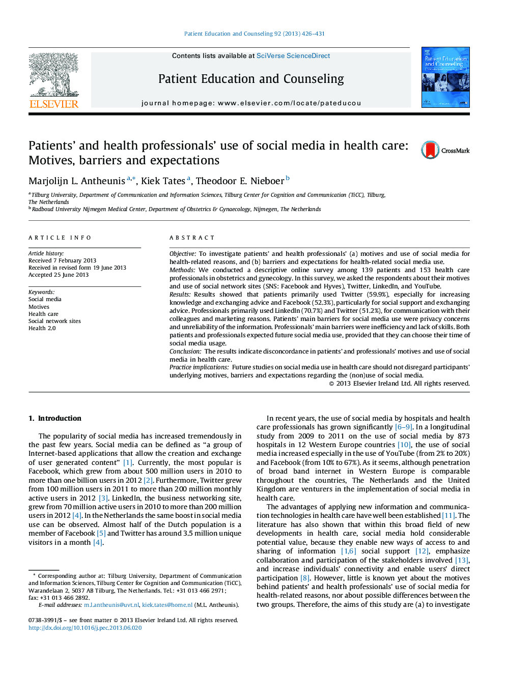 Patients’ and health professionals’ use of social media in health care: Motives, barriers and expectations