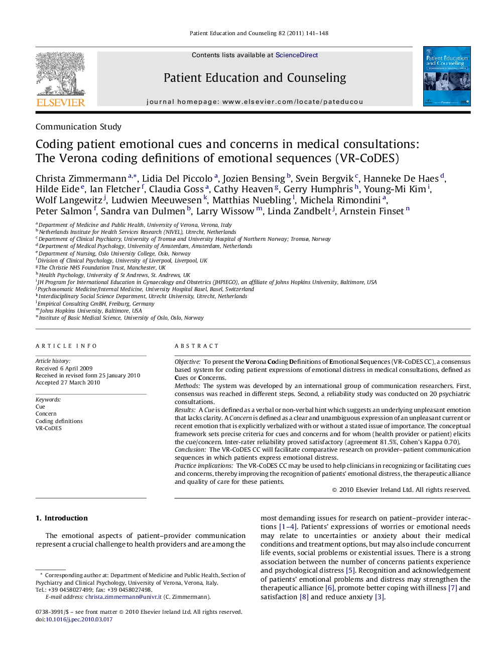 Coding patient emotional cues and concerns in medical consultations: The Verona coding definitions of emotional sequences (VR-CoDES)