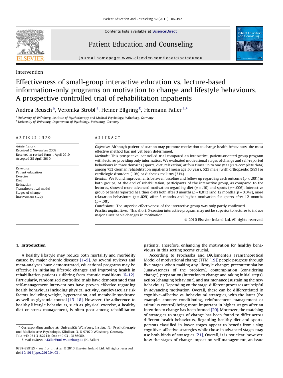 Effectiveness of small-group interactive education vs. lecture-based information-only programs on motivation to change and lifestyle behaviours. A prospective controlled trial of rehabilitation inpatients