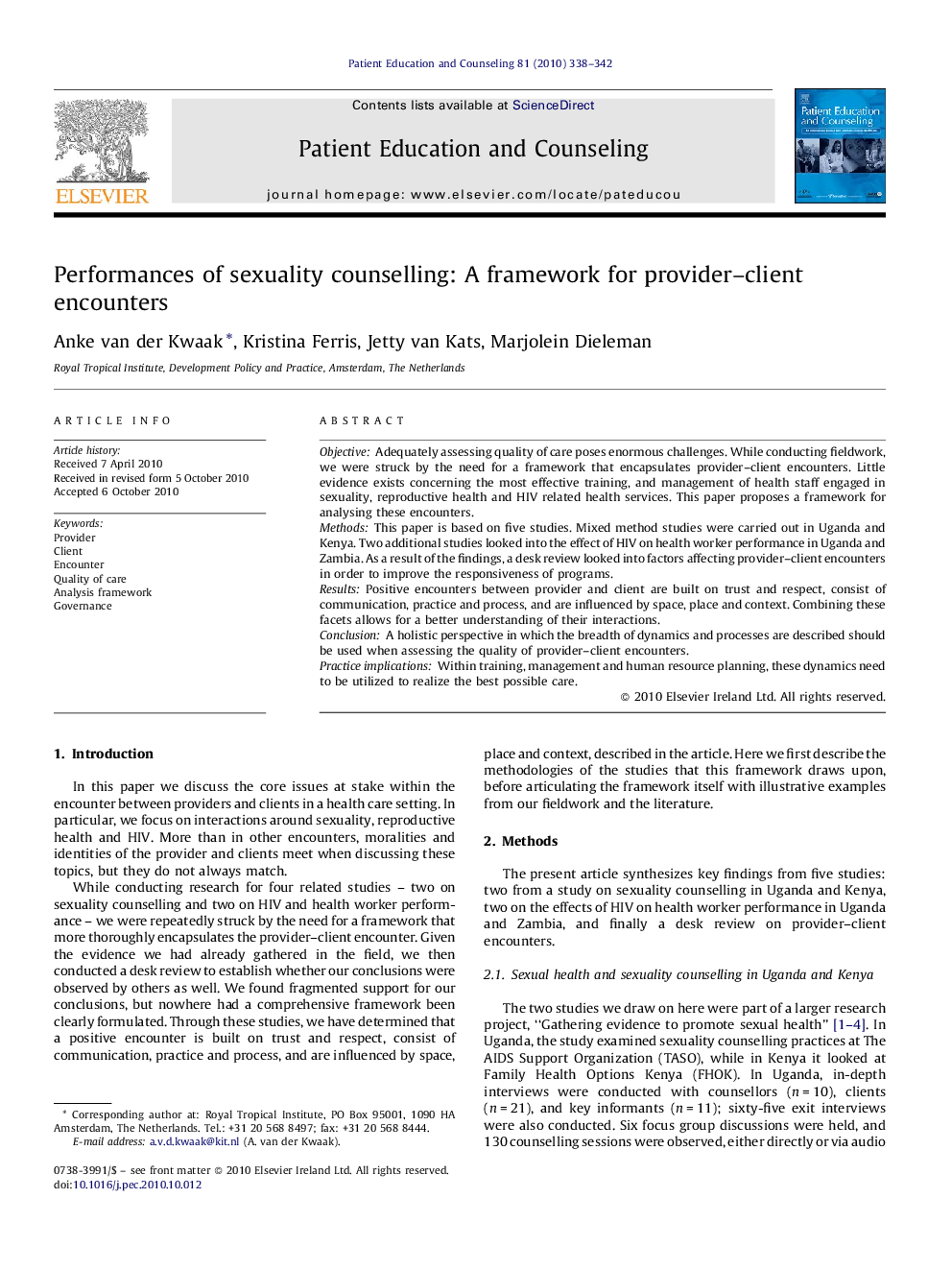 Performances of sexuality counselling: A framework for provider–client encounters