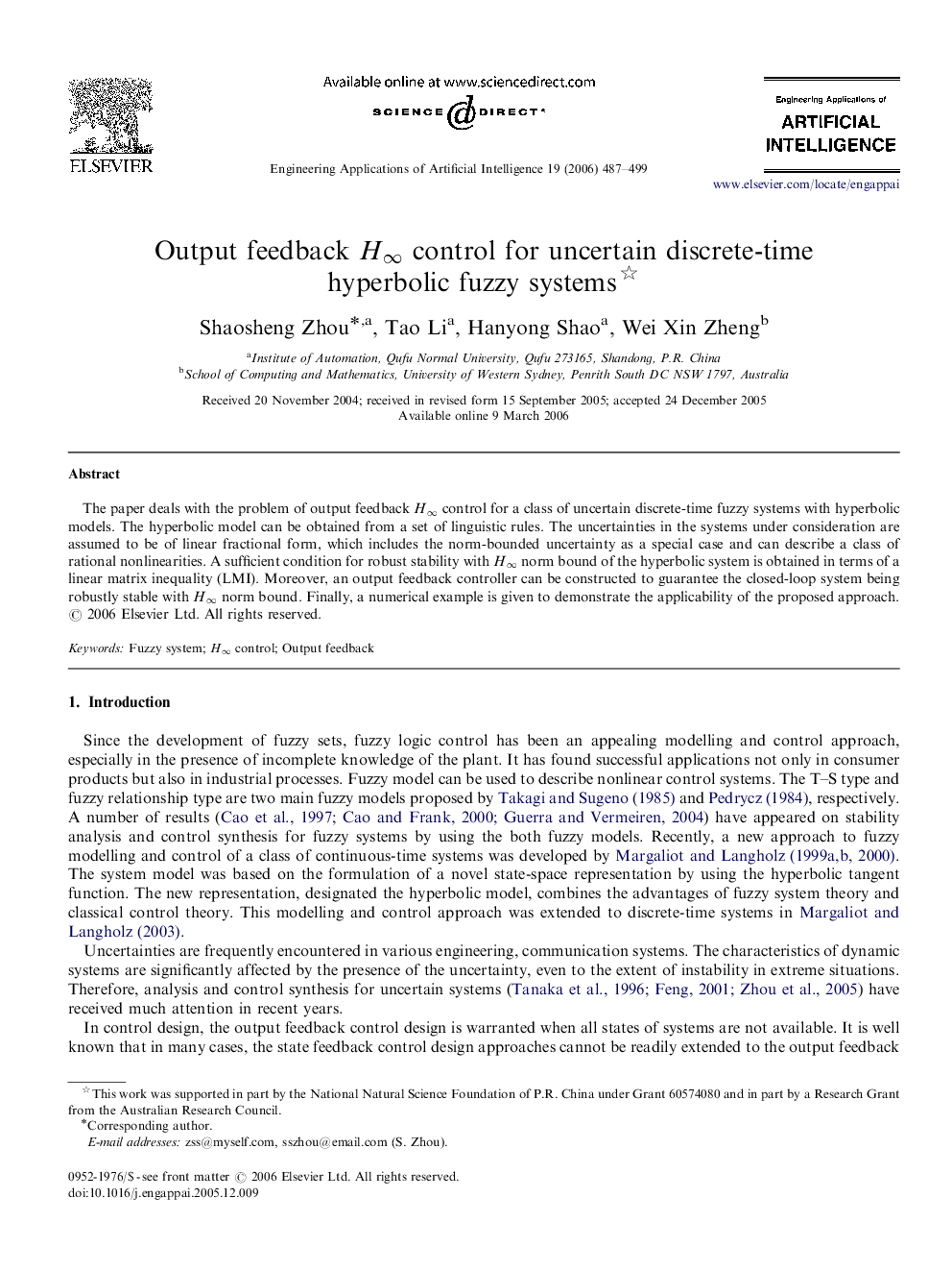 Output feedback H∞H∞ control for uncertain discrete-time hyperbolic fuzzy systems 
