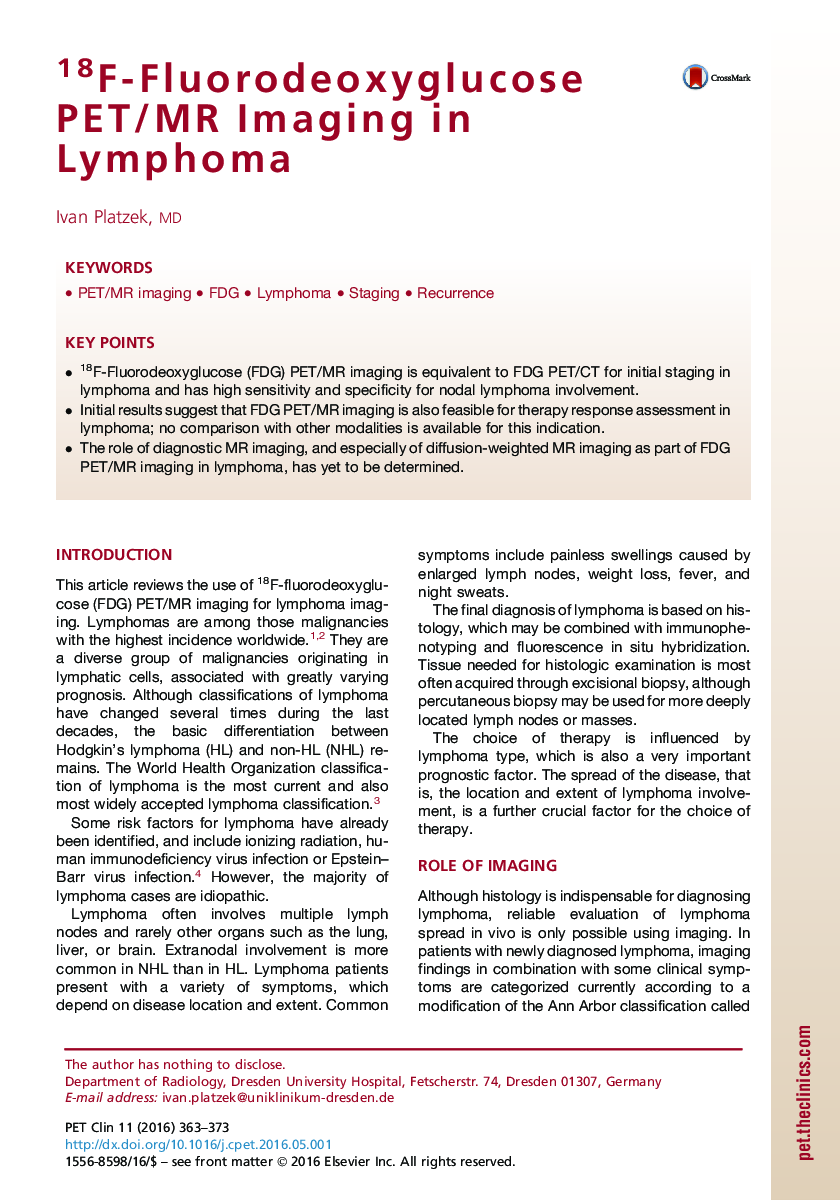 18F-Fluorodeoxyglucose PET/MR Imaging in Lymphoma