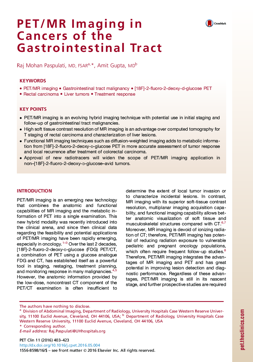 PET/MR Imaging in Cancers of the Gastrointestinal Tract