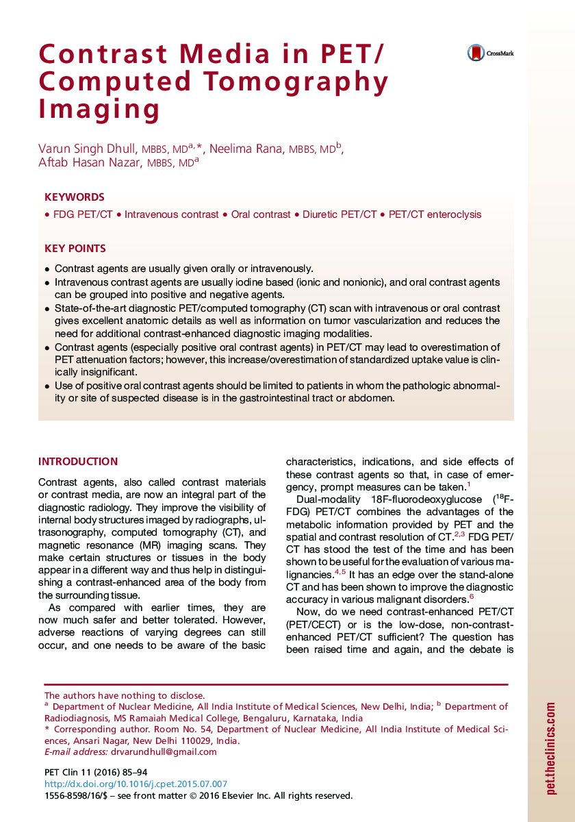 Contrast Media in PET/Computed Tomography Imaging