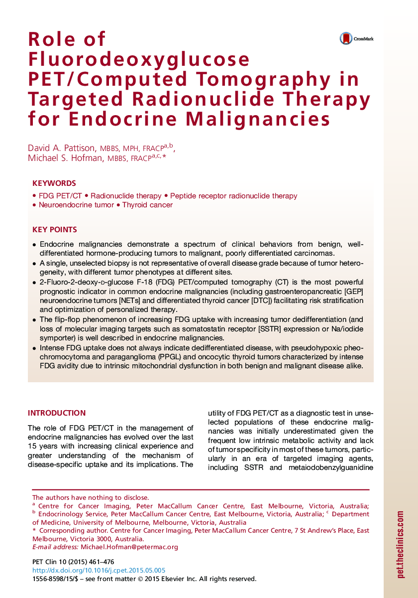 Role of Fluorodeoxyglucose PET/Computed Tomography in Targeted Radionuclide Therapy for Endocrine Malignancies