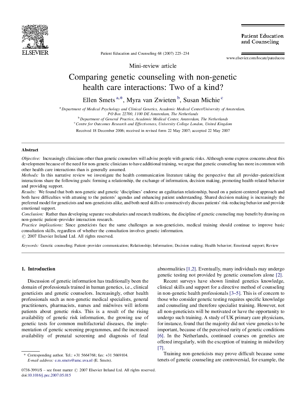 Comparing genetic counseling with non-genetic health care interactions: Two of a kind?