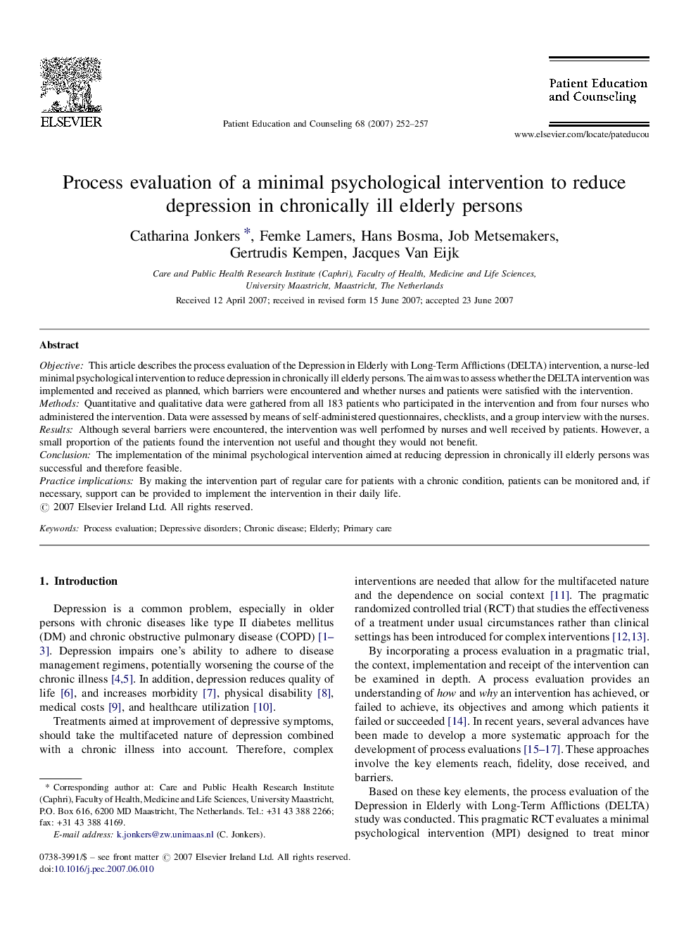 Process evaluation of a minimal psychological intervention to reduce depression in chronically ill elderly persons