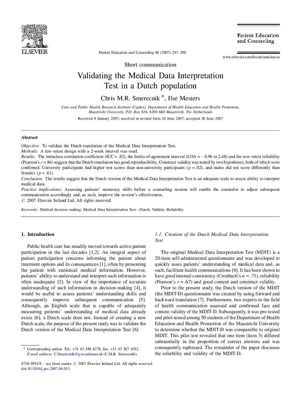 Validating the Medical Data Interpretation Test in a Dutch population