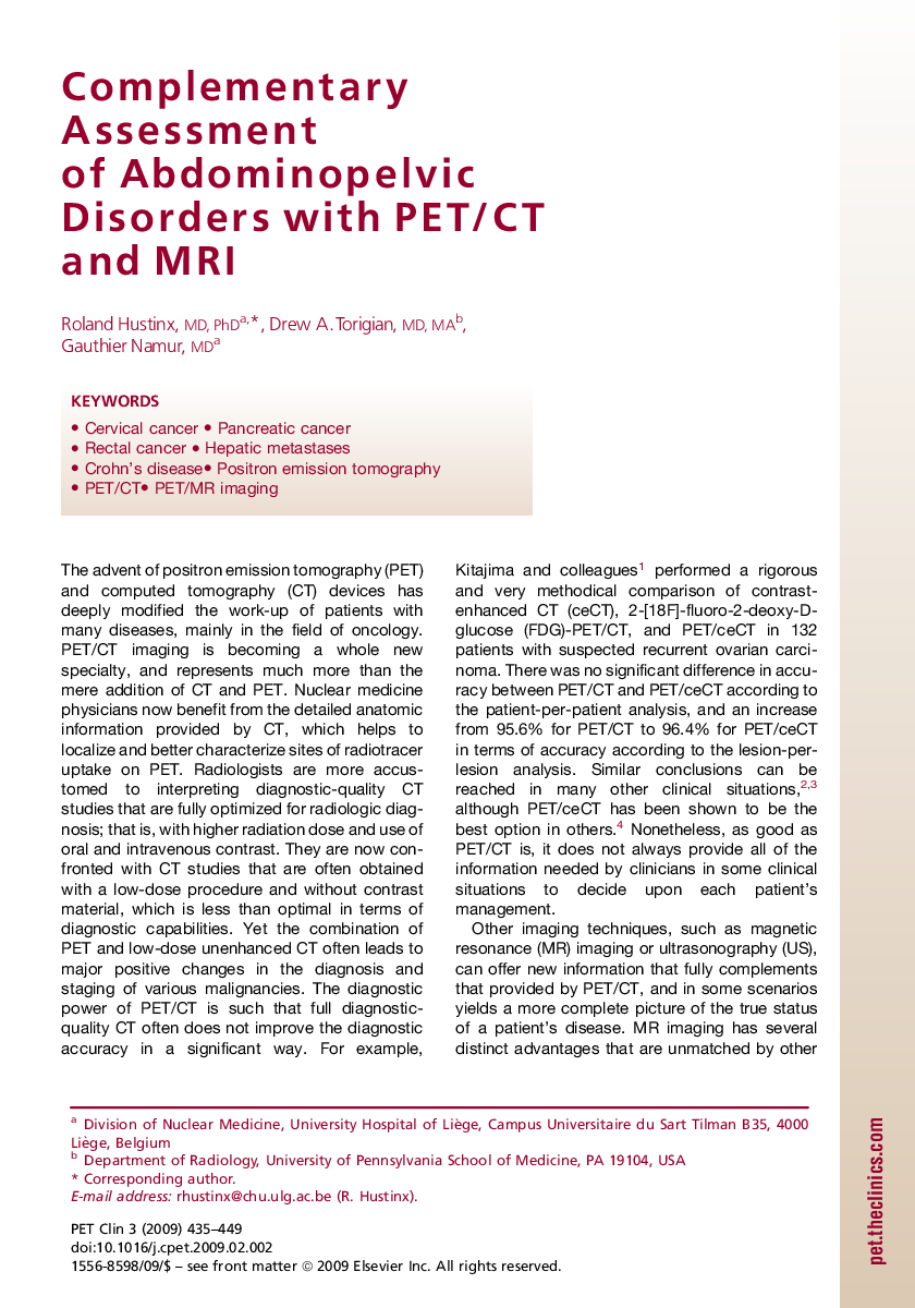 Complementary Assessment of Abdominopelvic Disorders with PET/CT and MRI