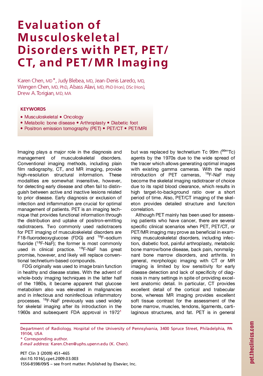 Evaluation of Musculoskeletal Disorders with PET, PET/CT, and PET/MR Imaging