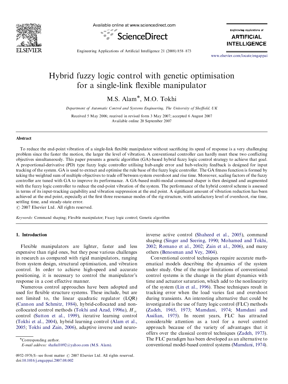 Hybrid fuzzy logic control with genetic optimisation for a single-link flexible manipulator