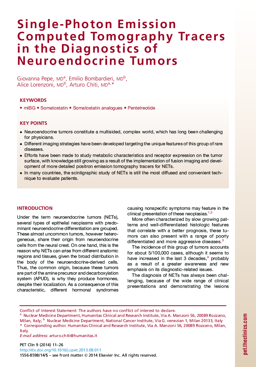 Single-Photon Emission Computed Tomography Tracers in the Diagnostics of Neuroendocrine Tumors