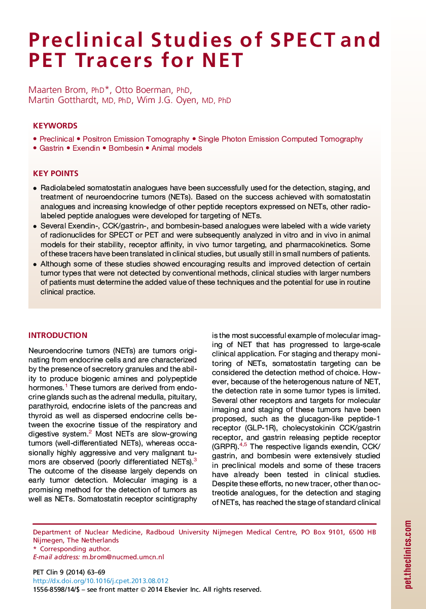 Preclinical Studies of SPECT and PET Tracers for NET