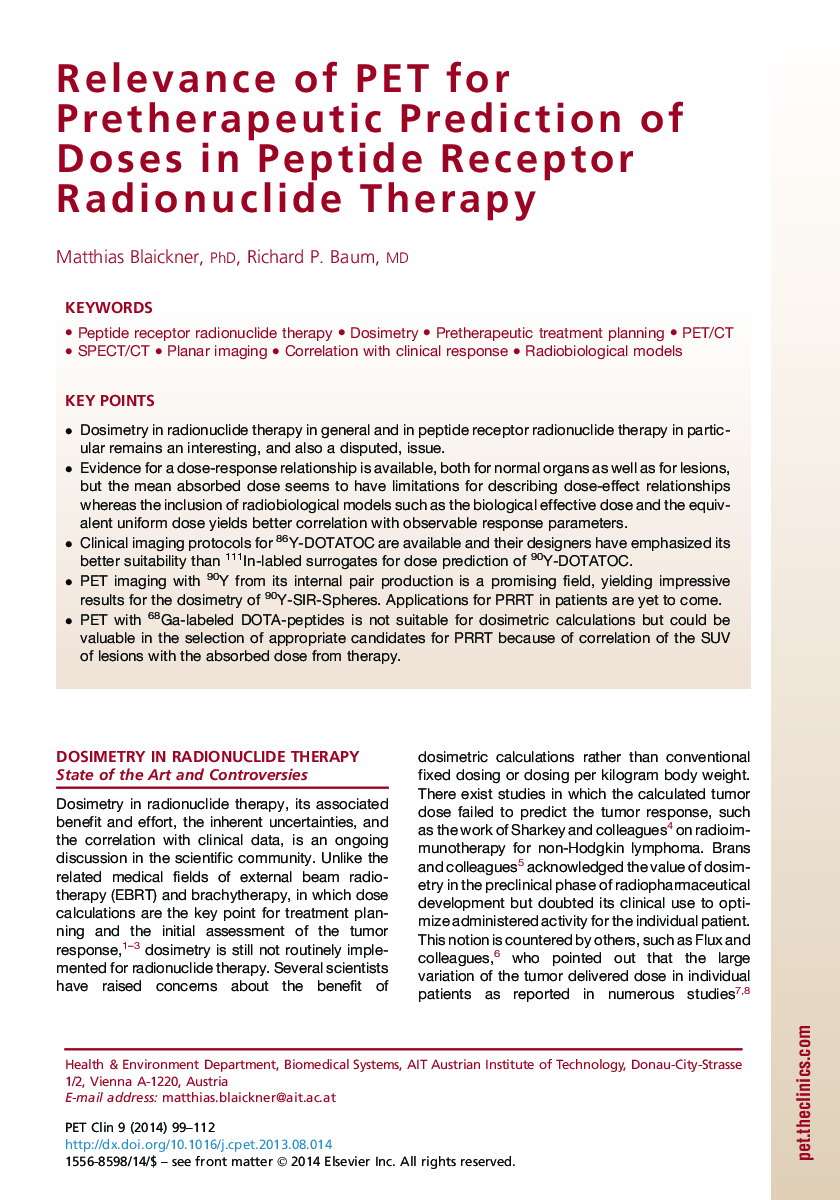 Relevance of PET for Pretherapeutic Prediction of Doses in Peptide Receptor Radionuclide Therapy