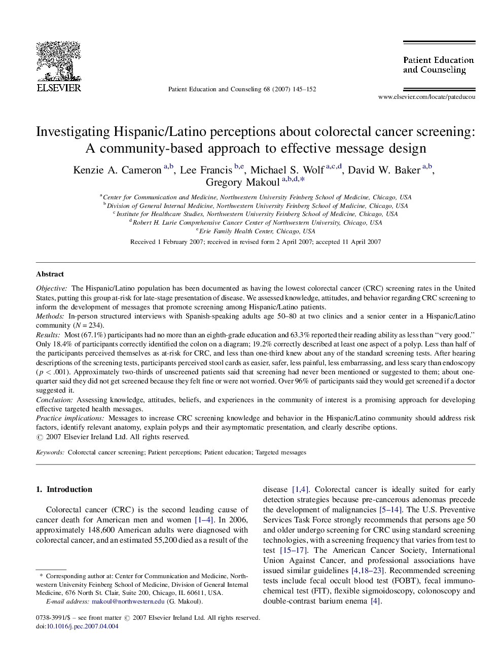 Investigating Hispanic/Latino perceptions about colorectal cancer screening: A community-based approach to effective message design