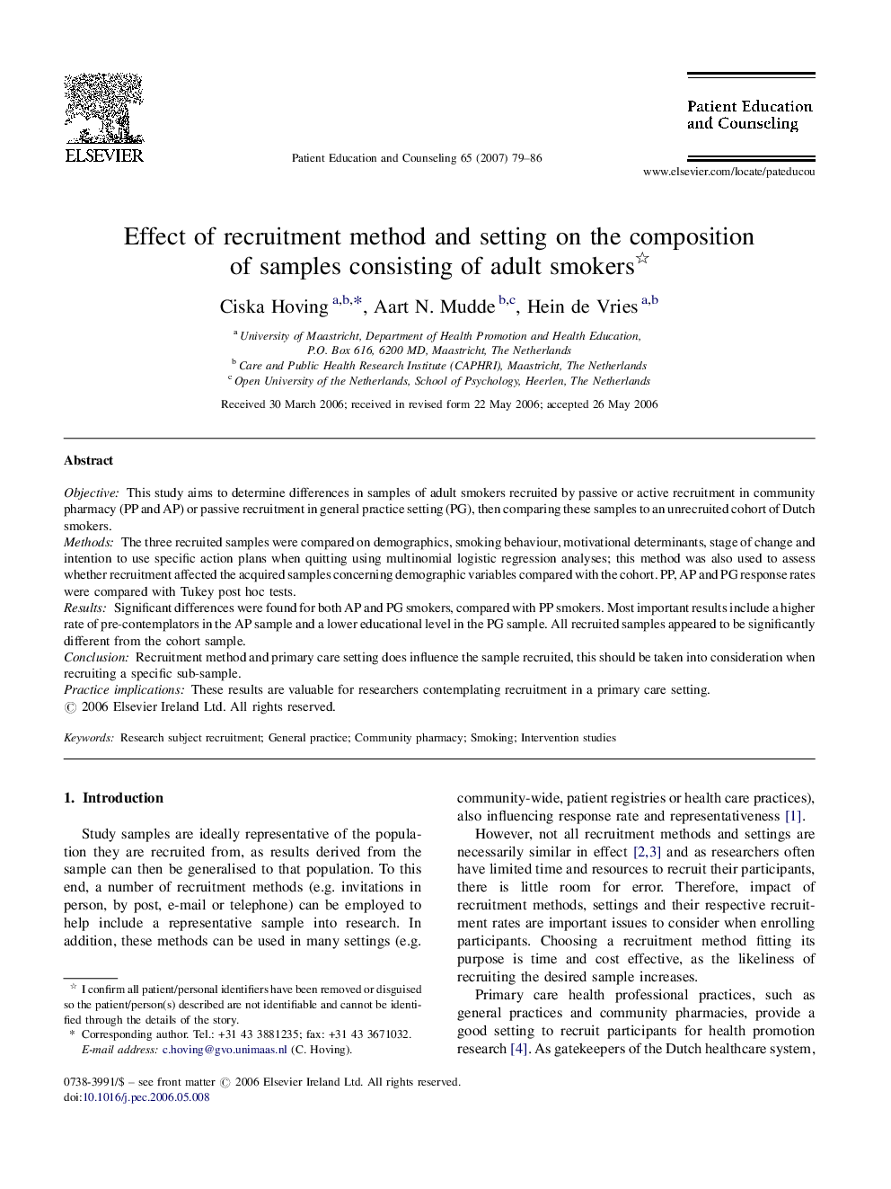 Effect of recruitment method and setting on the composition of samples consisting of adult smokers 