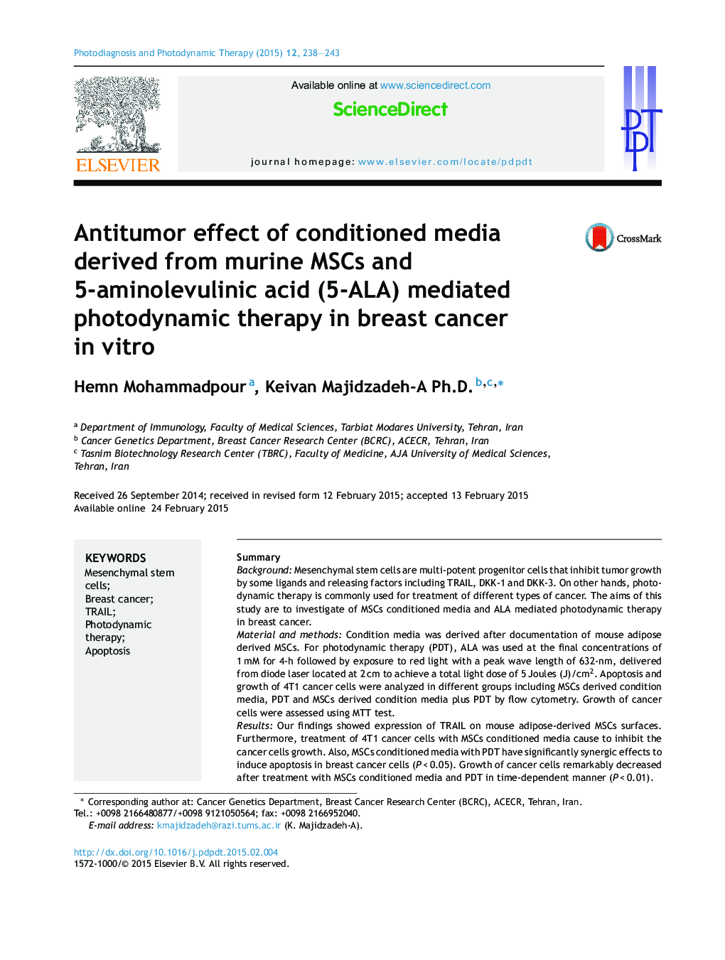 Antitumor effect of conditioned media derived from murine MSCs and 5-aminolevulinic acid (5-ALA) mediated photodynamic therapy in breast cancer in vitro