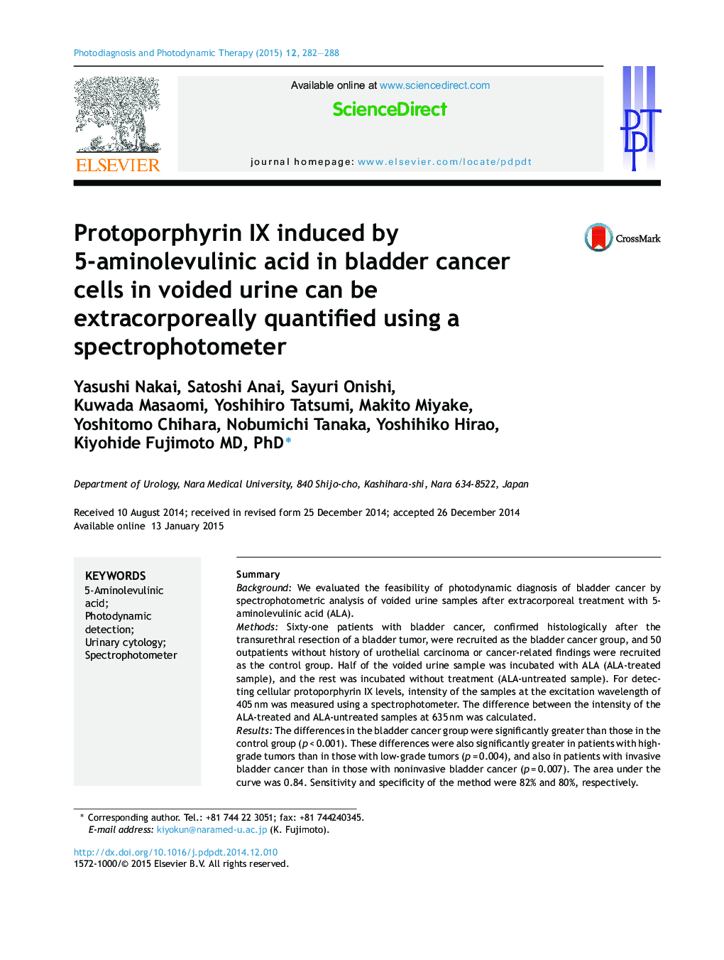 Protoporphyrin IX induced by 5-aminolevulinic acid in bladder cancer cells in voided urine can be extracorporeally quantified using a spectrophotometer