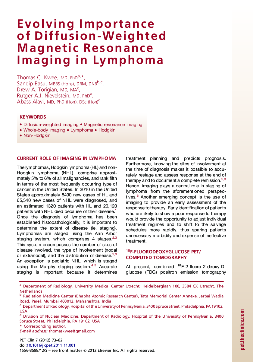 Evolving Importance of Diffusion-Weighted Magnetic Resonance Imaging in Lymphoma