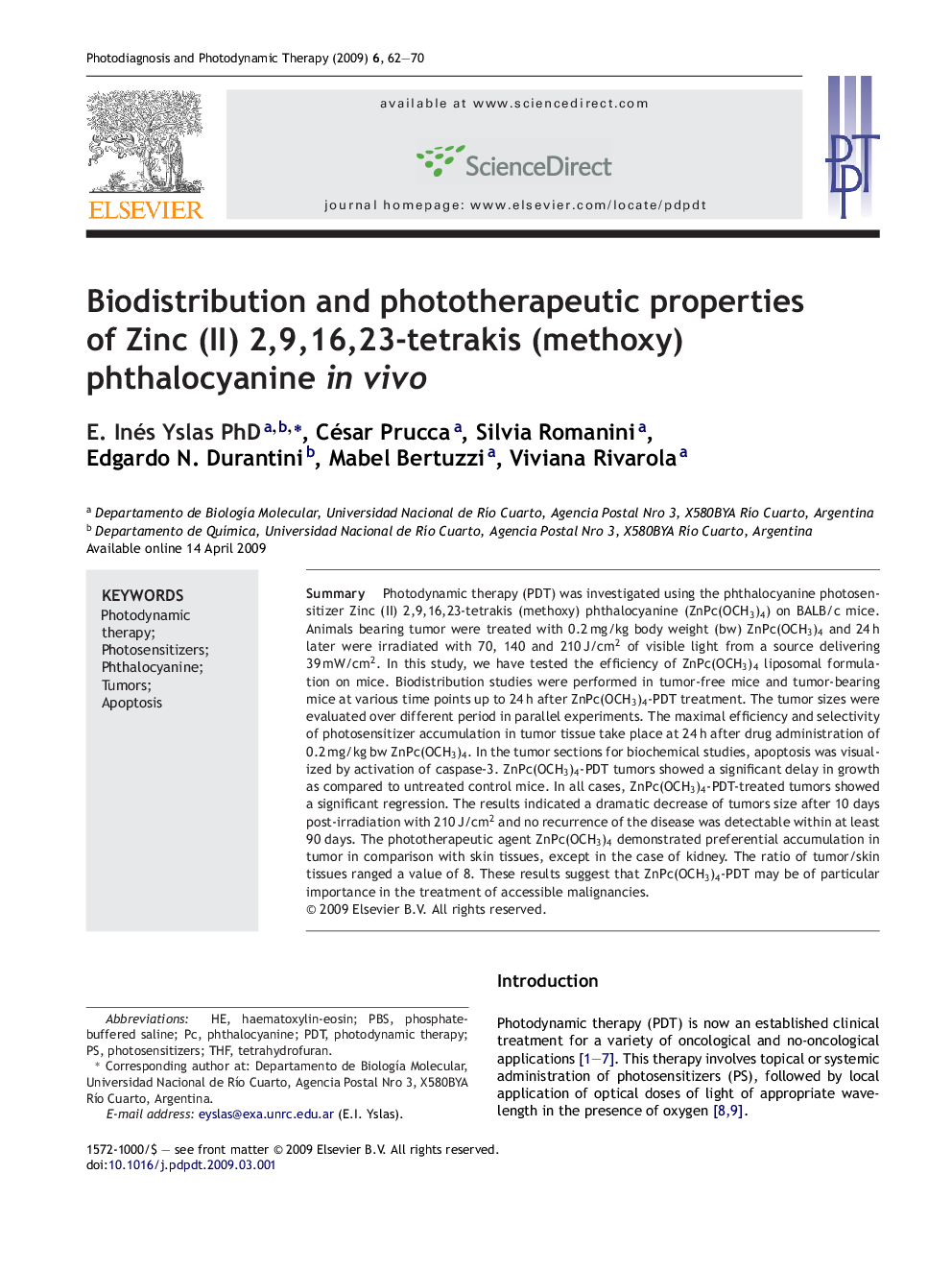 Biodistribution and phototherapeutic properties of Zinc (II) 2,9,16,23-tetrakis (methoxy) phthalocyanine in vivo