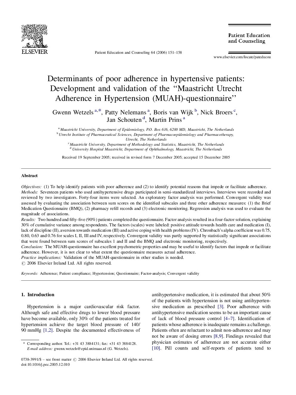 Determinants of poor adherence in hypertensive patients: Development and validation of the “Maastricht Utrecht Adherence in Hypertension (MUAH)-questionnaire”