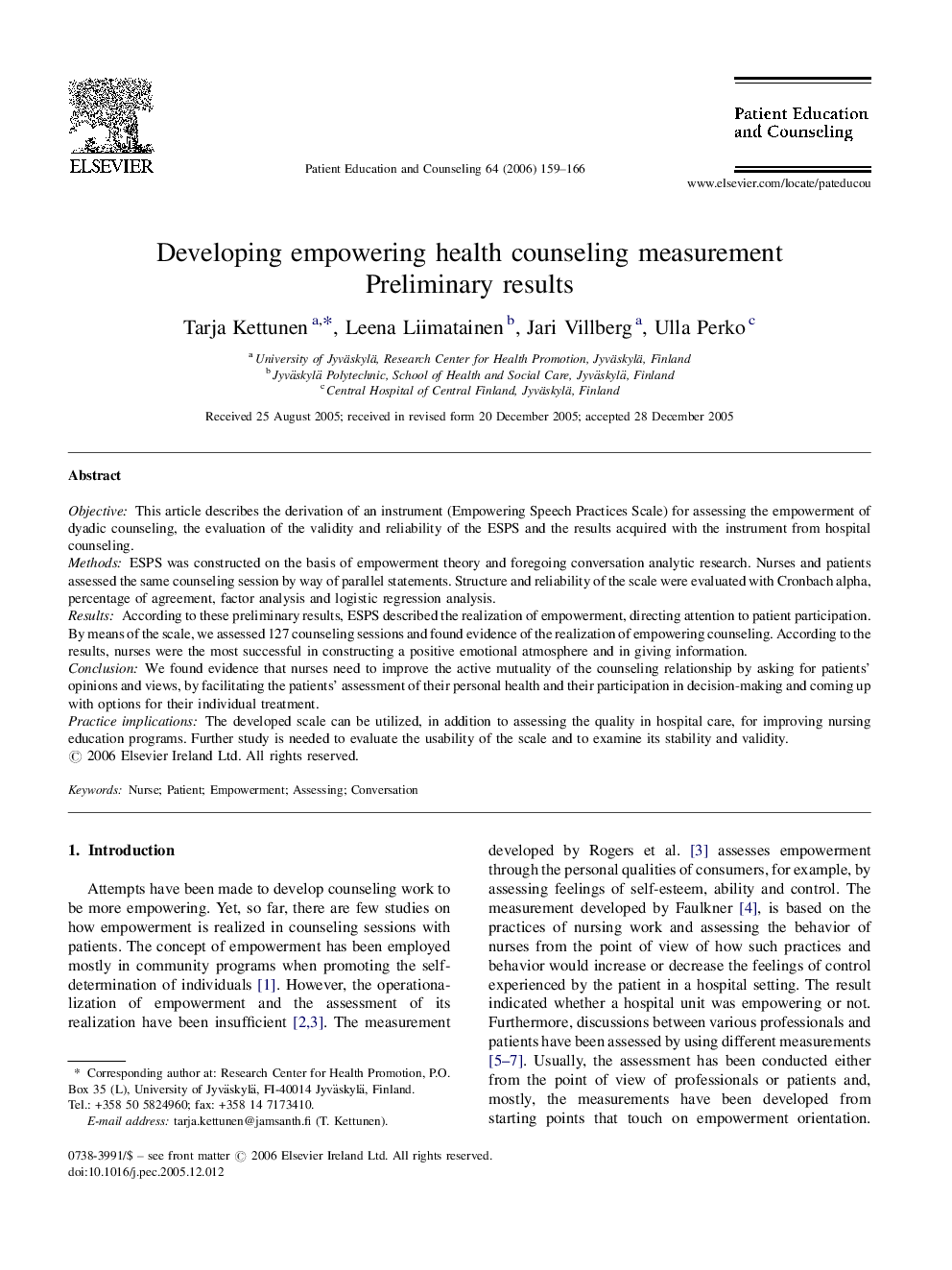 Developing empowering health counseling measurement: Preliminary results