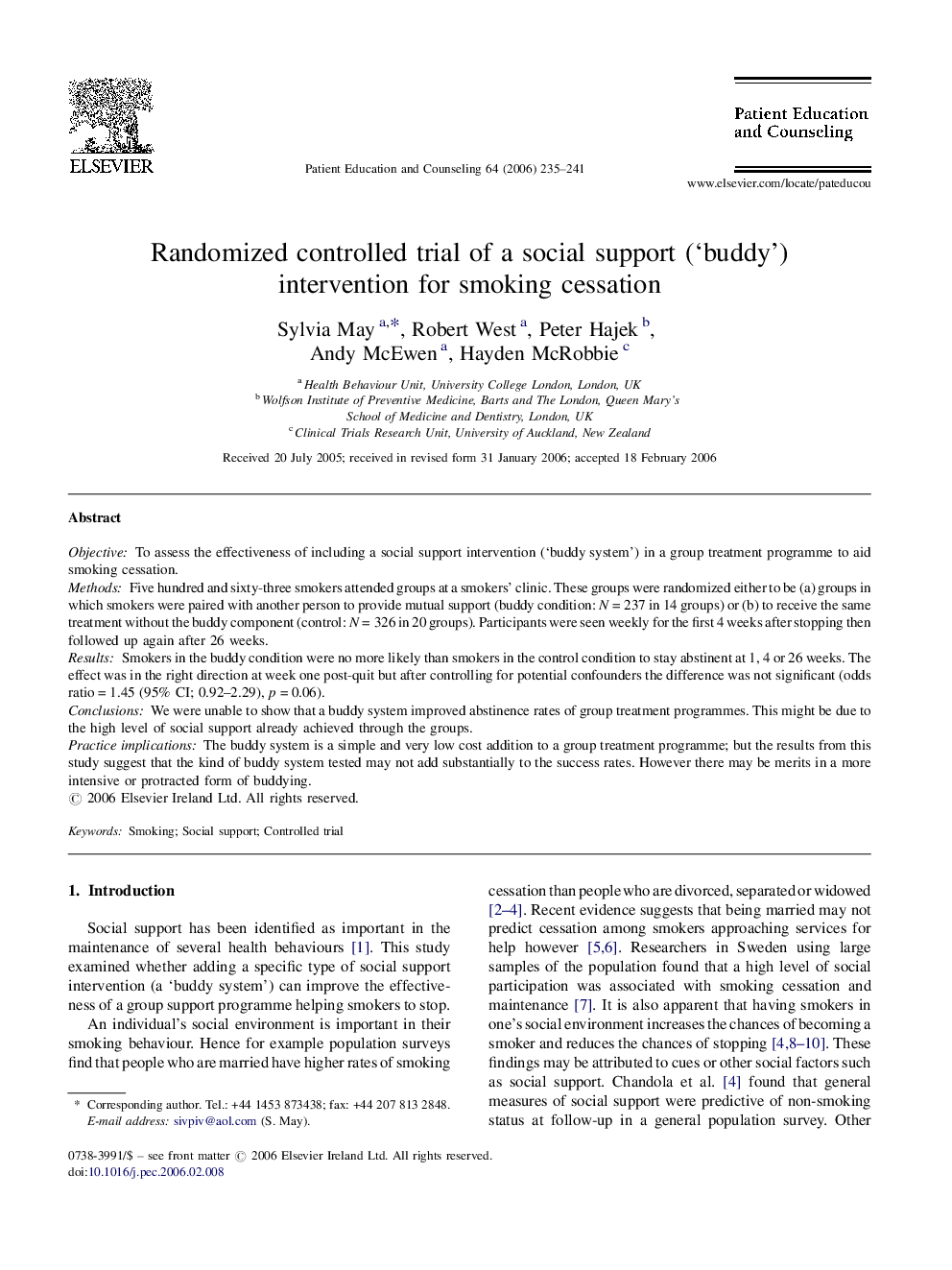 Randomized controlled trial of a social support (‘buddy’) intervention for smoking cessation