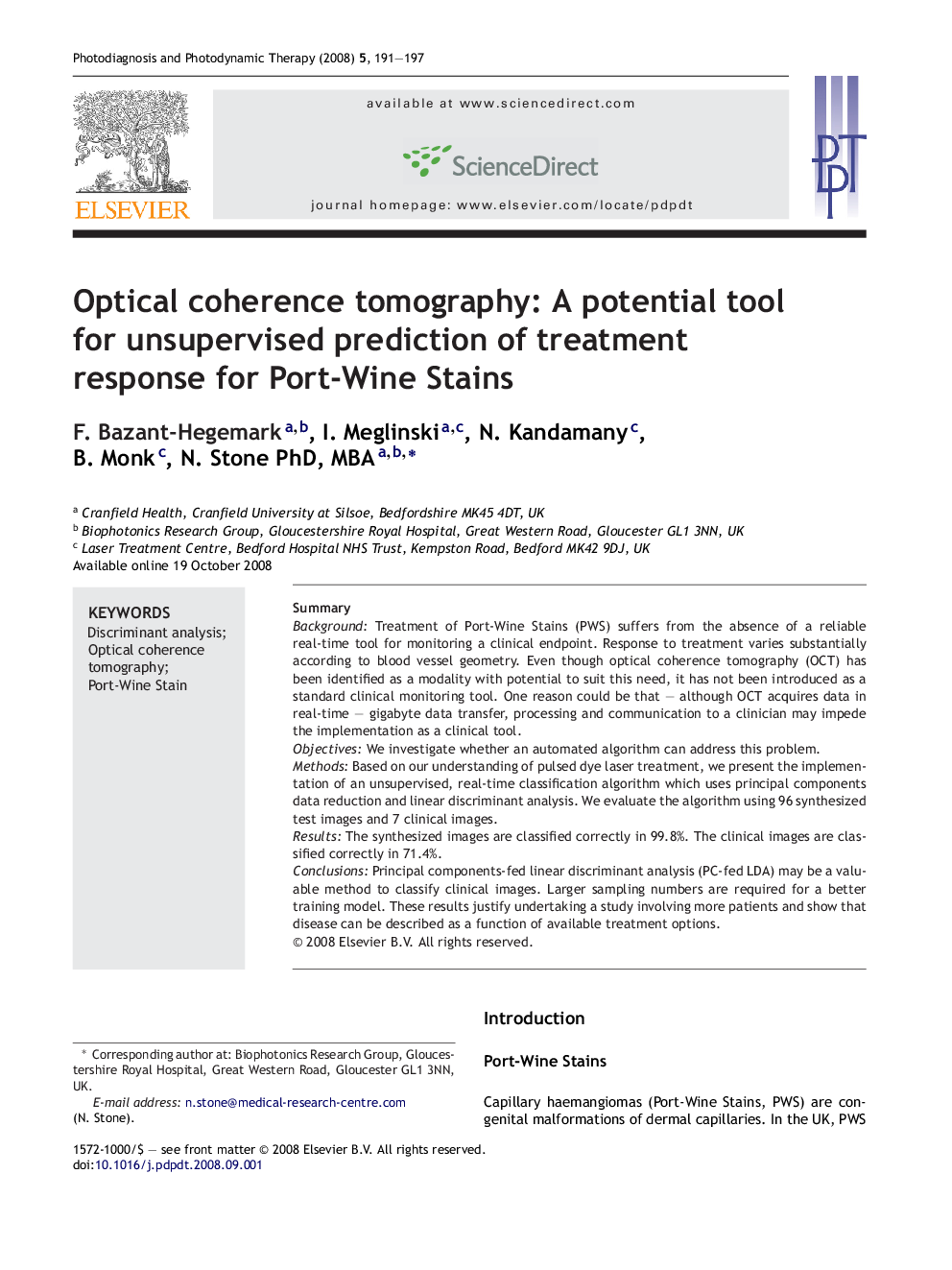 Optical coherence tomography: A potential tool for unsupervised prediction of treatment response for Port-Wine Stains