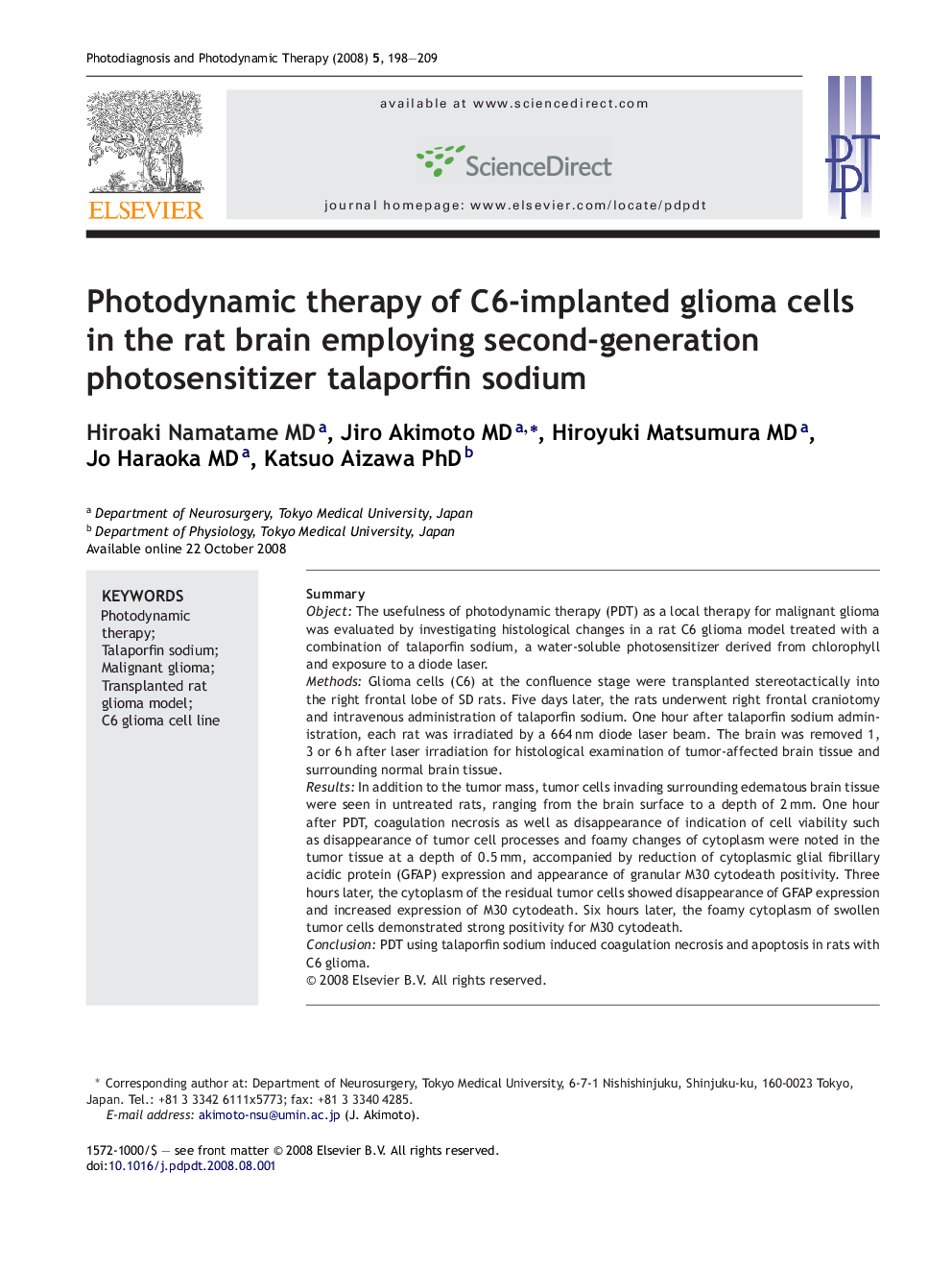 Photodynamic therapy of C6-implanted glioma cells in the rat brain employing second-generation photosensitizer talaporfin sodium